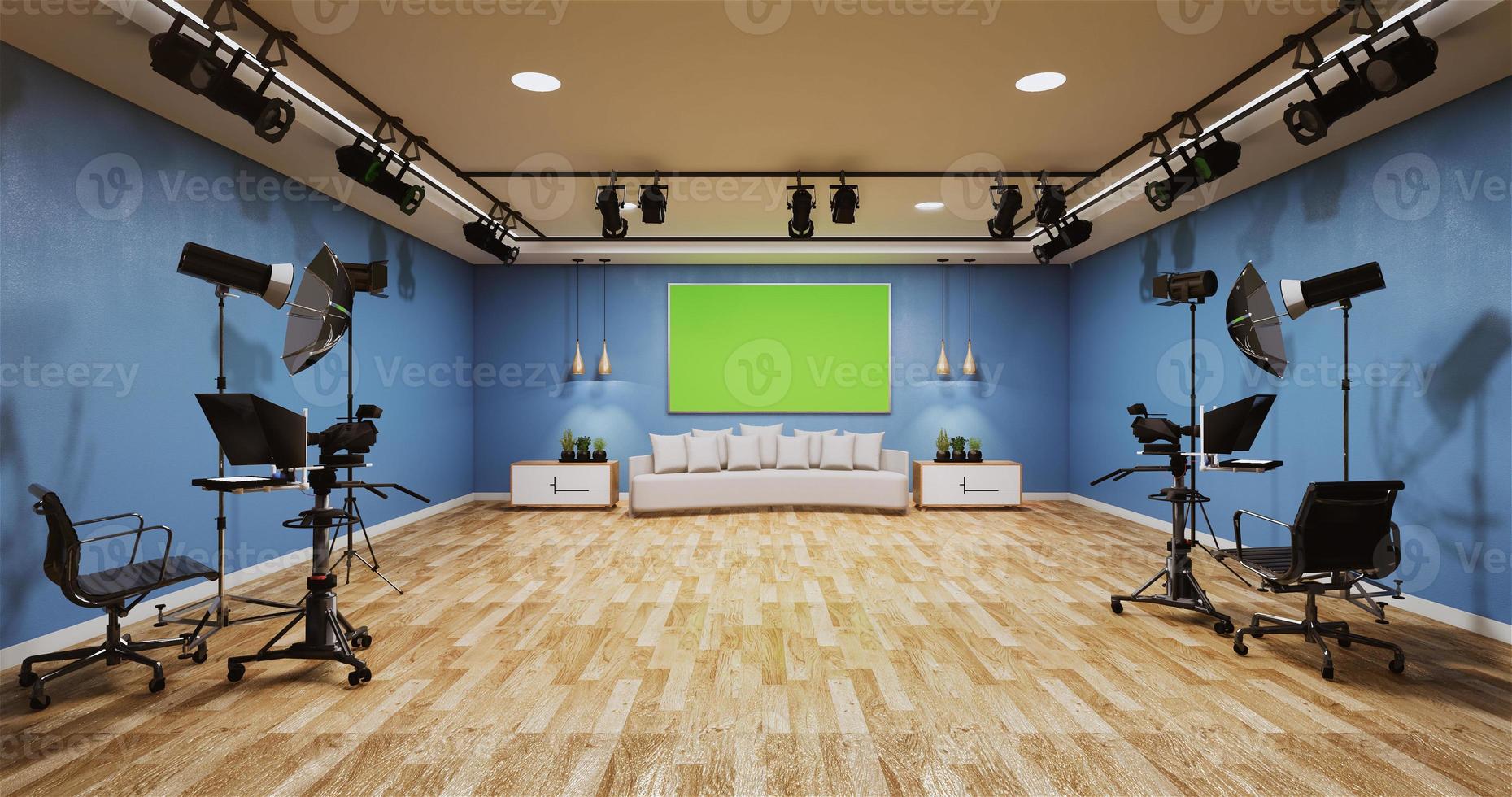 nyheter studio blå rum design bakgrund för tv-program.3D-rendering foto