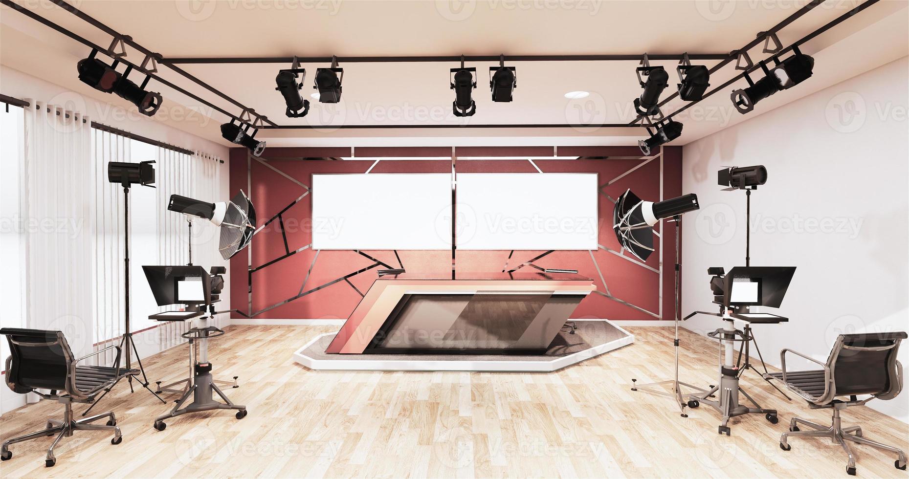 nyheter studio rum design aluminium trim guld på röd vägg, bakgrund för TV shows.3D rendering foto
