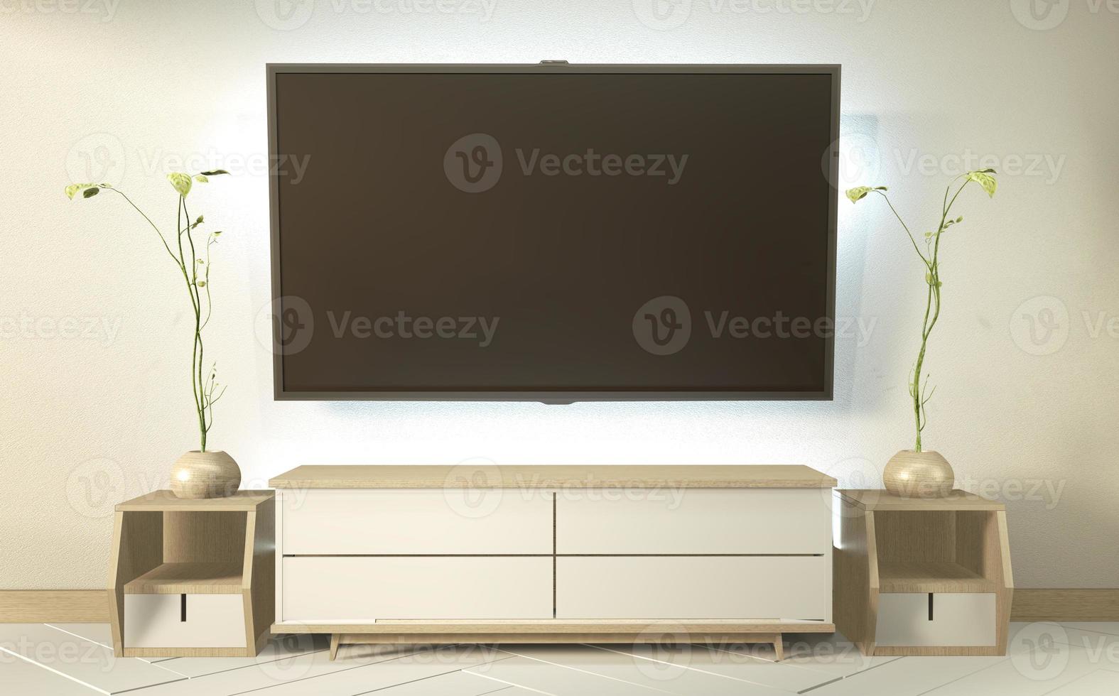 tv-skåp på zenrumsinredning och väggdesign dolt ljus, minimalistisk och zeninteriör i vardagsrummet i japansk stil.3D-rendering foto