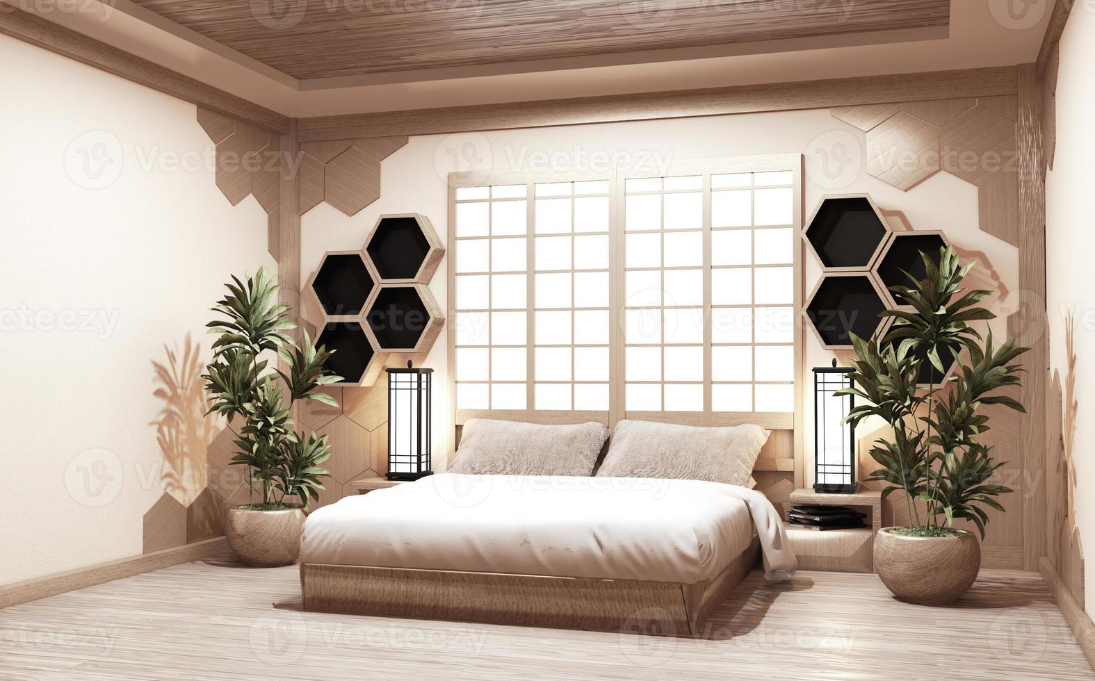 hexagon hylla trä stil på väggen sovrum japansk stil med växter och lamp dekoration på trä floor.3d rednering foto