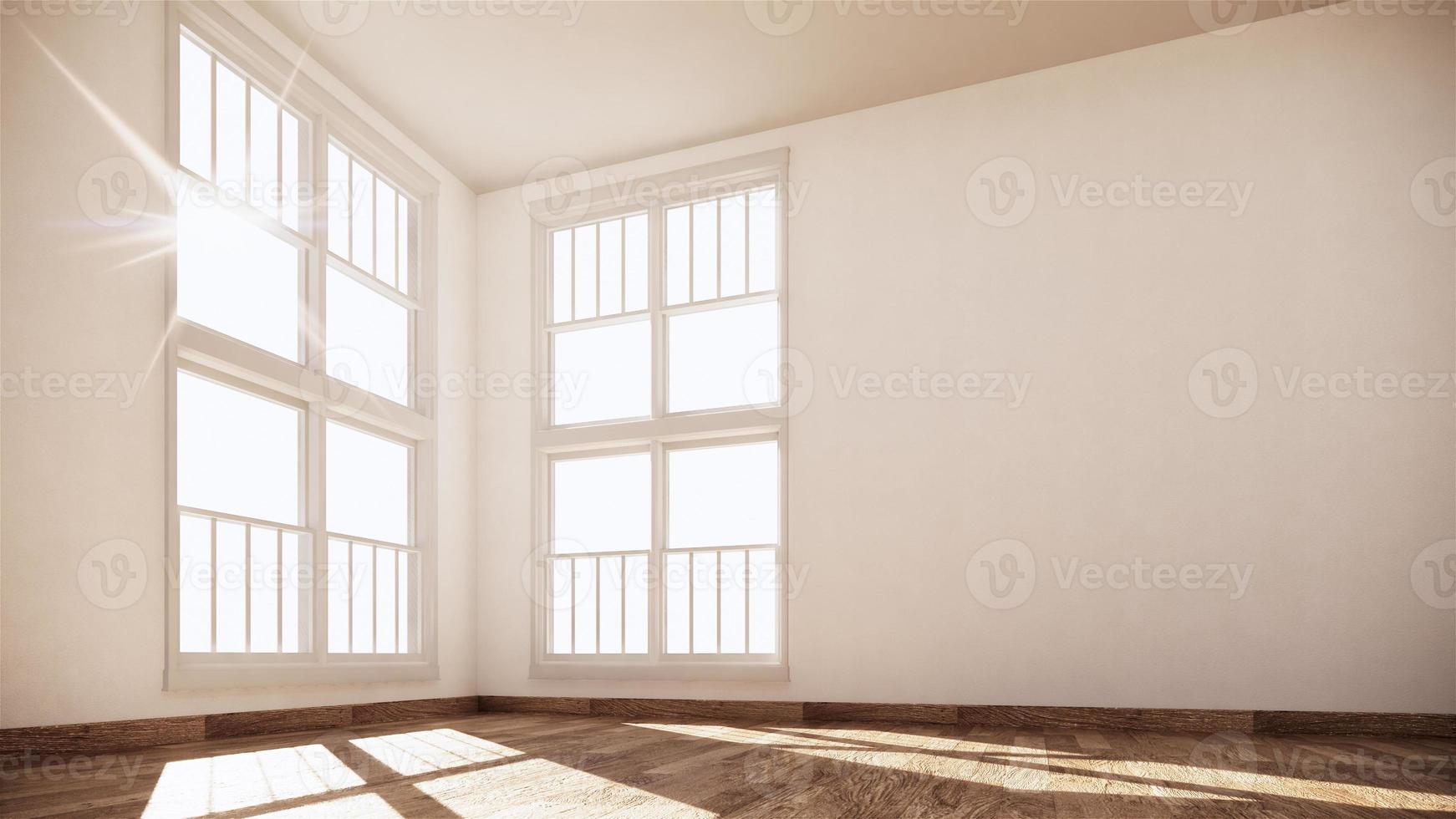 tomt rum vitt på trägolv inredning. 3d-rendering foto