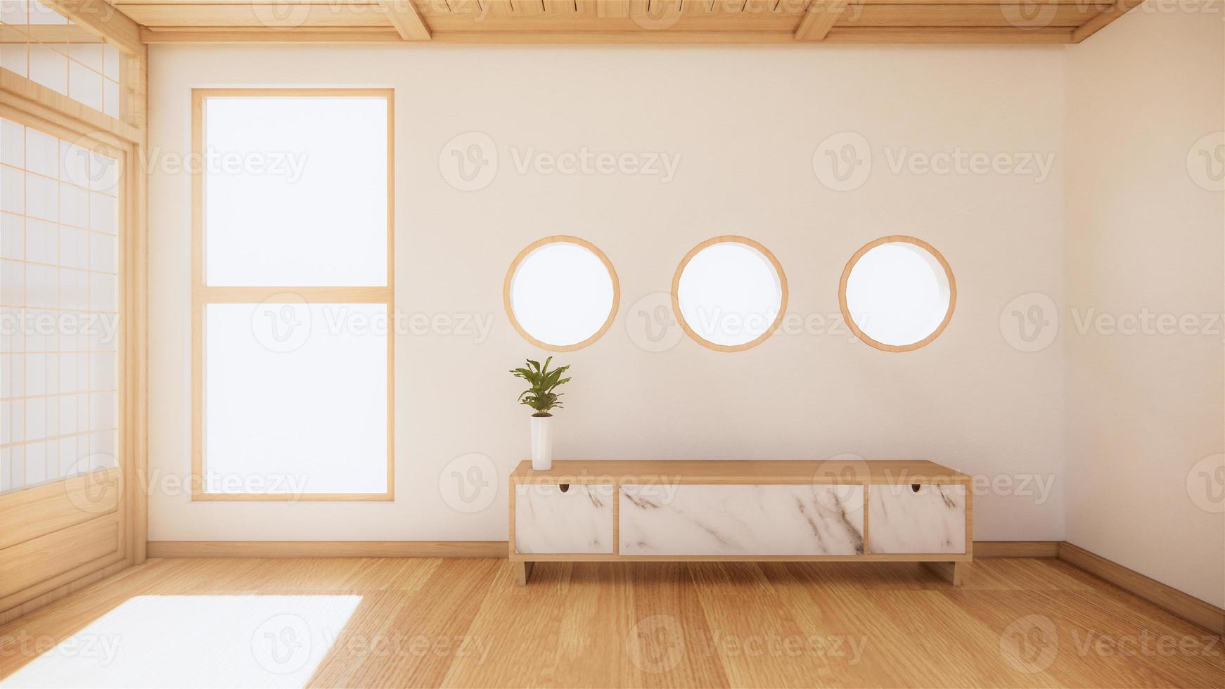 TV på träskåp i modernt tomt rum och vit vägg på vitt golvrum i tropisk stil. 3d-rendering foto