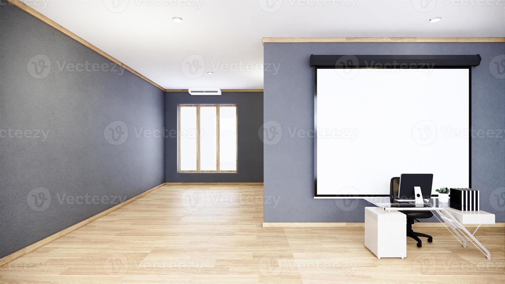 tom grå konferensrum interiör med trägolv på vit vägg bakgrund - tomt rum business rum interiör. 3d-rendering foto