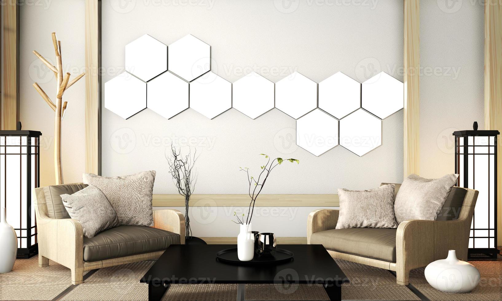 mock up hexagonlampa på väggen zenrum mycket japansk stil med fåtölj och lågt bord på tatamimatta golv. 3D-rendering foto