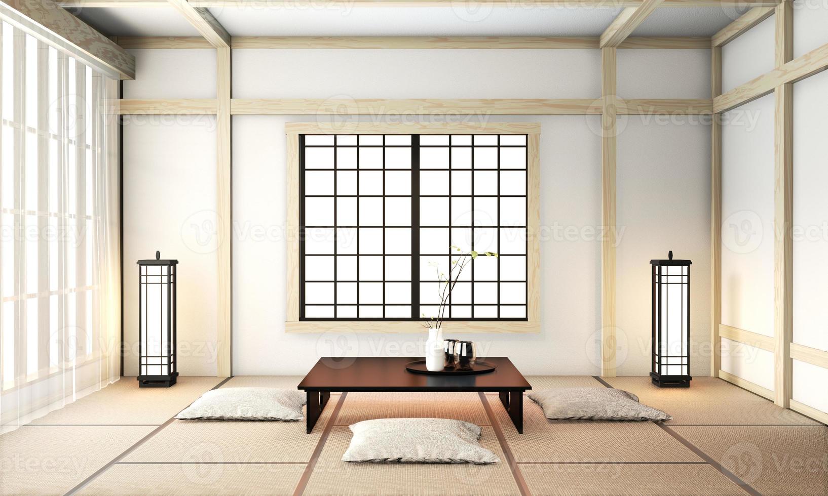 ryokan vardagsrum i japansk stil med tatamimatta golv och dekoration.3D-rendering foto