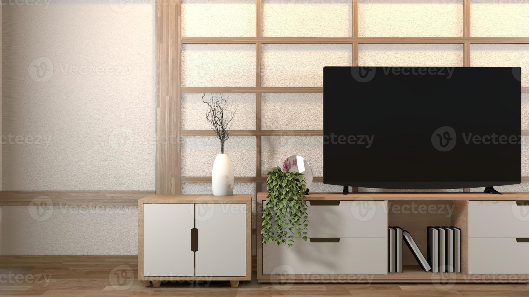 inredning, modernt vardagsrum med smart tv, bord, lampa, trägolv och vit vägg minimal stil. 3D-rendering foto