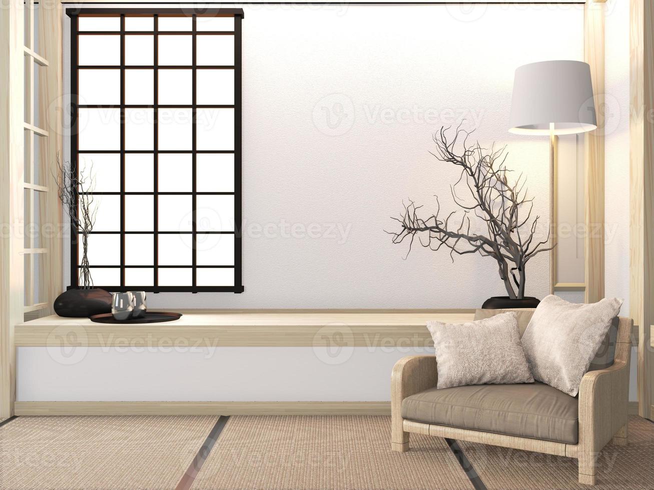 sofffåtölj mock up rum zen med tatamigolv och dekoration i japansk stil.3D-rendering foto
