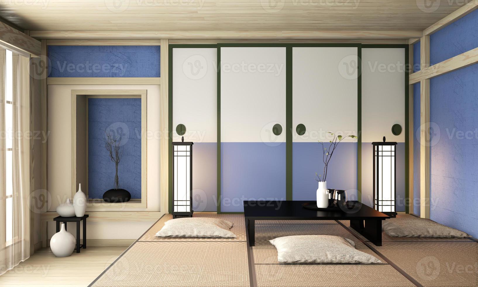 ryokan blå rum zen mycket japansk stil. 3D-rendering foto