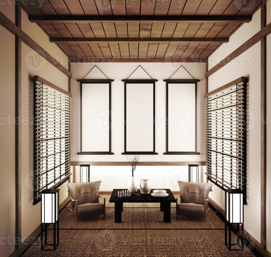 inredning, modernt vardagsrum med tatamimatta och traditionell japansk dörr på bästa fönstervy. 3d-rendering foto