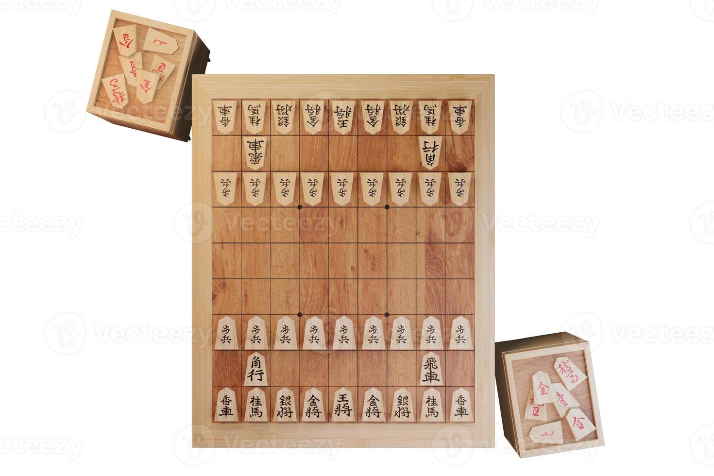 det japanska schacket isolerade vit bakgrund, ordet som är skrivet i pjäsen är torn, guldgeneraler, riddare, lansar, bönder, kung, biskop, silvergeneraler 3d-rendering foto