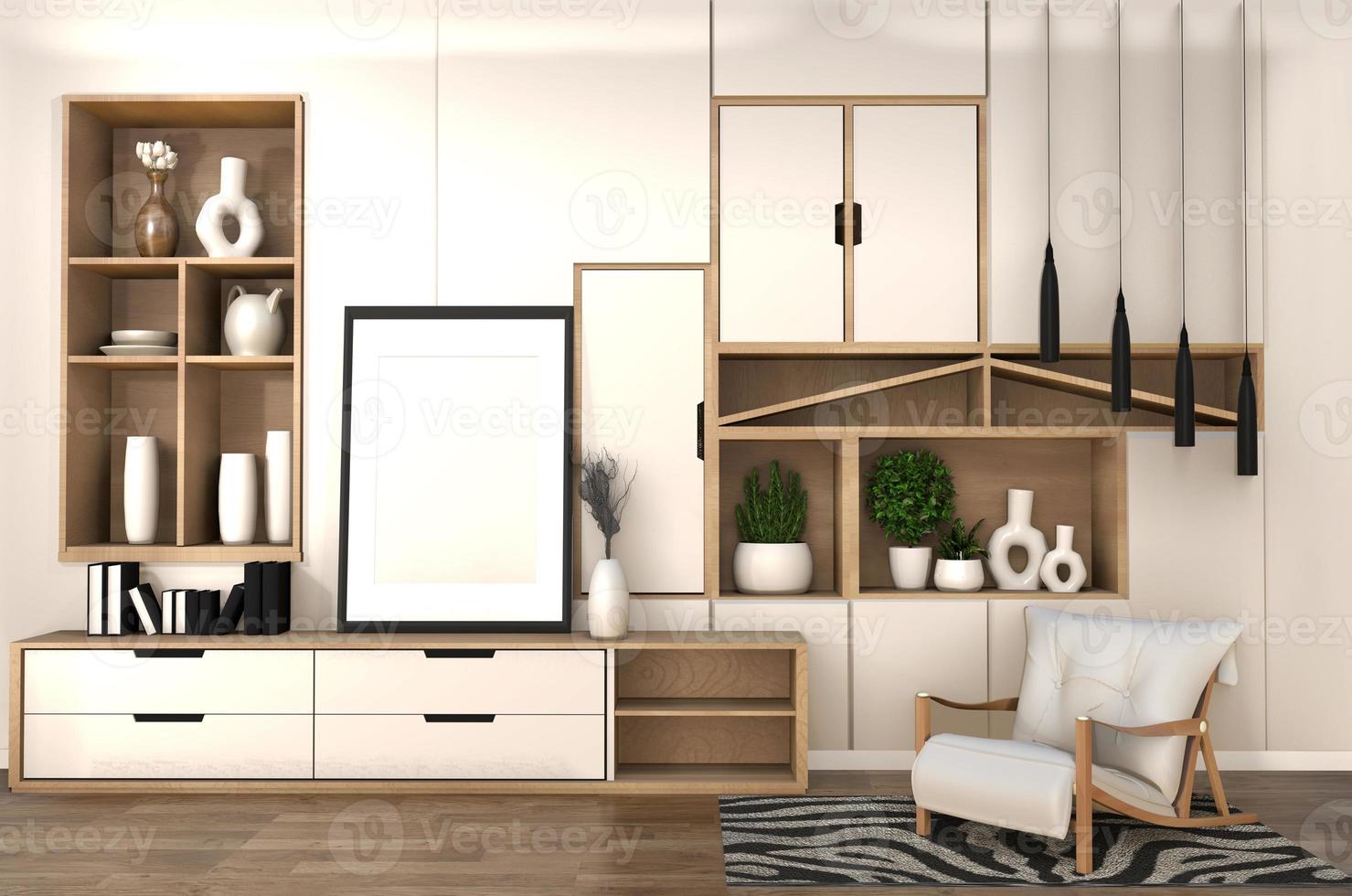 träskåp på rummets hyllvägg minimalistisk och japansk interiör av zen vardagsrum. 3D-rendering foto