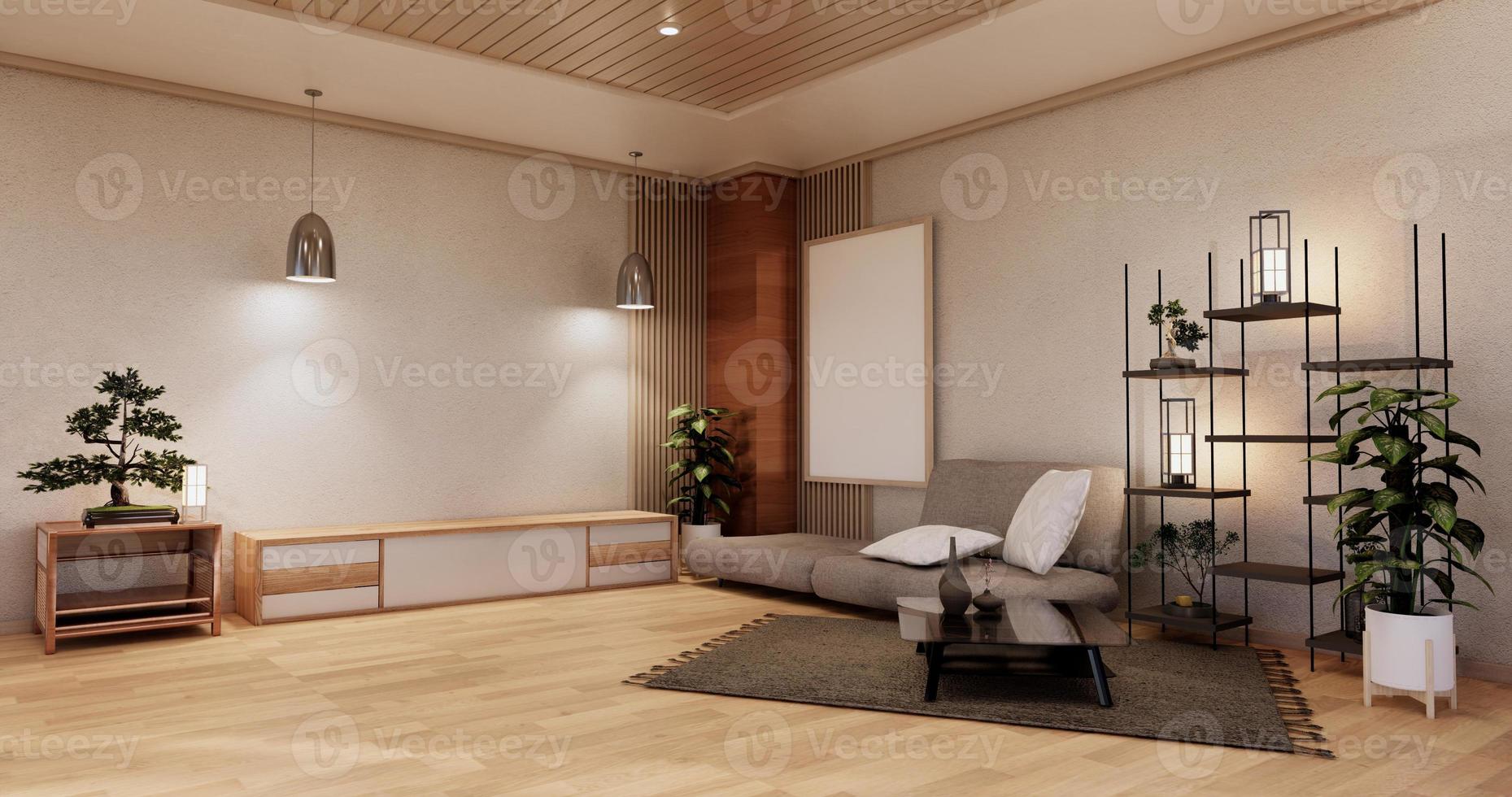 moderna japanska vardagsrum interiör, soffa och skåp bord på rum vit vägg bakgrund. 3D-rendering foto