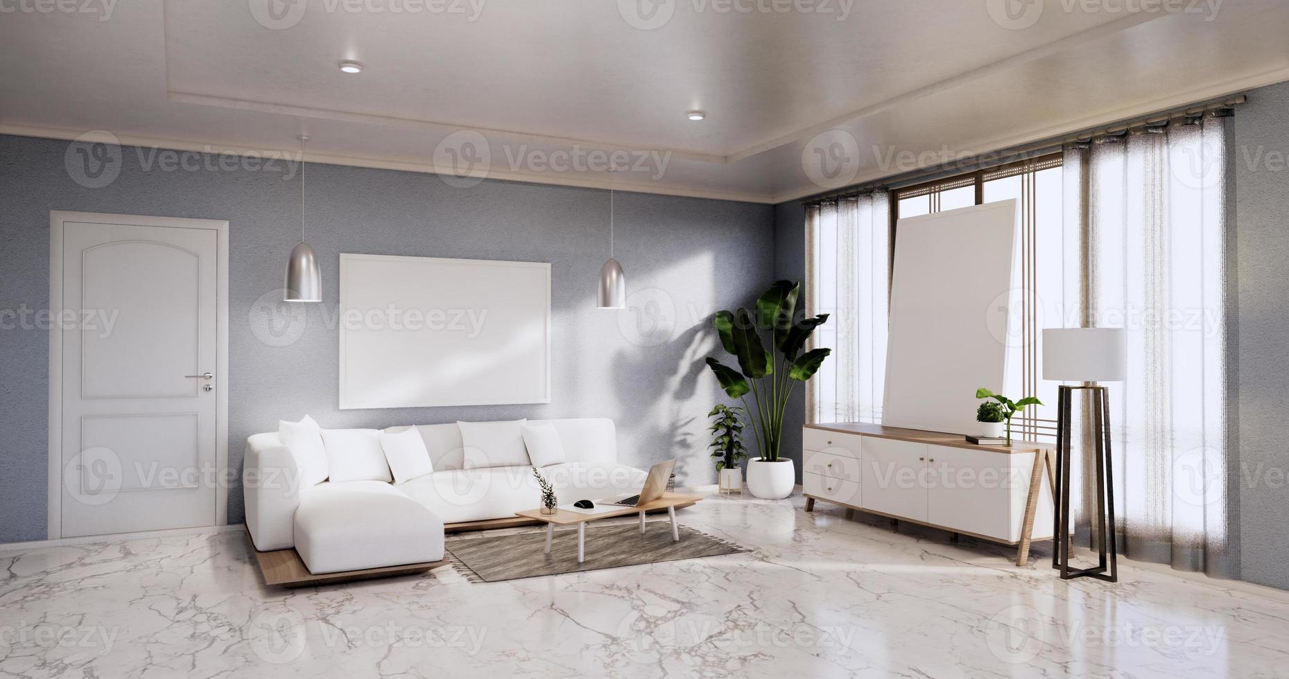 interiör, vardagsrum modern minimalistisk har soffa och skåp, växter, lampa på blå vägg och granitplattor golv.3d-rendering foto
