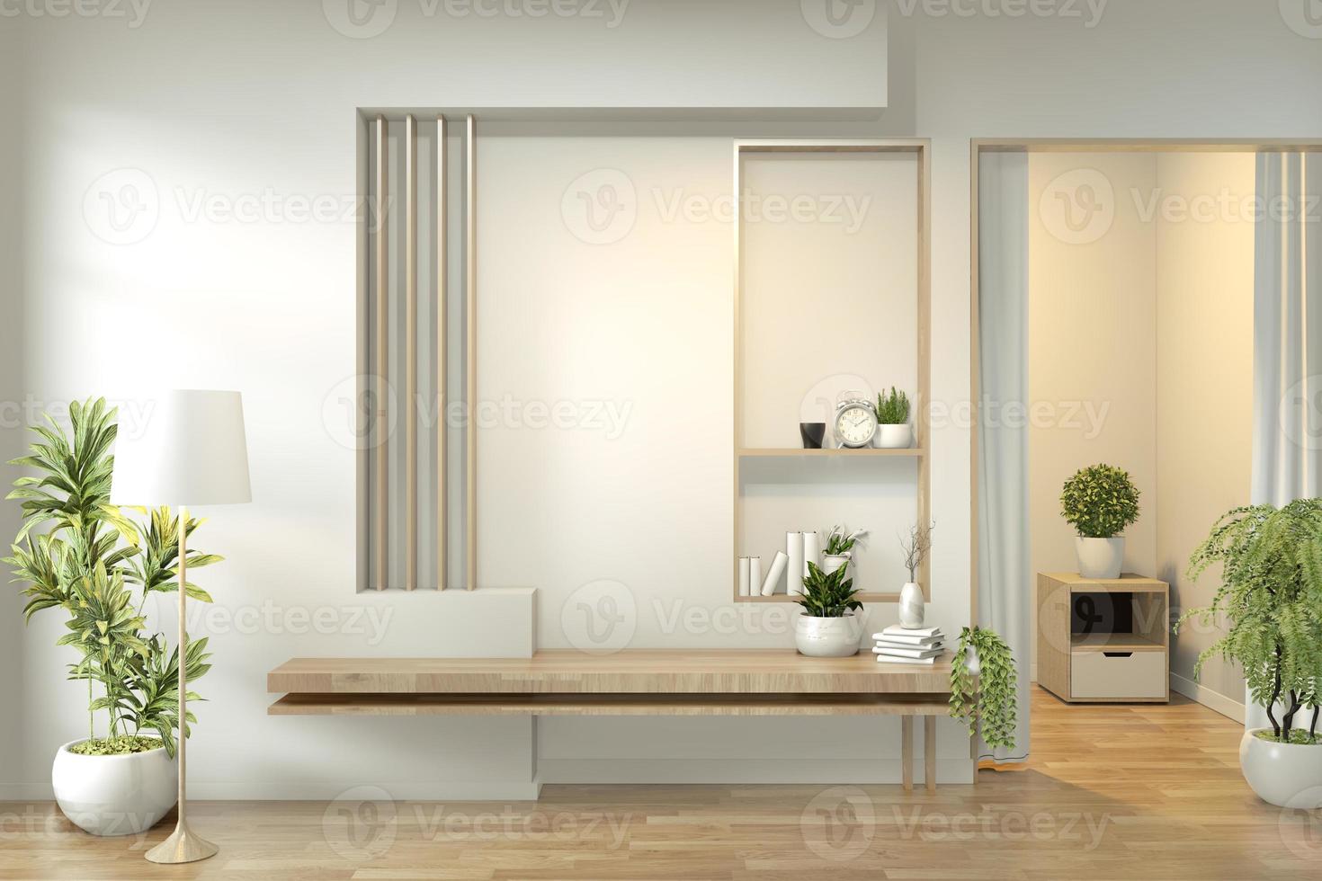 TV-hylla i moderna tomma rum och dekoration växter på vit vägg golv wooden.3d rendering foto