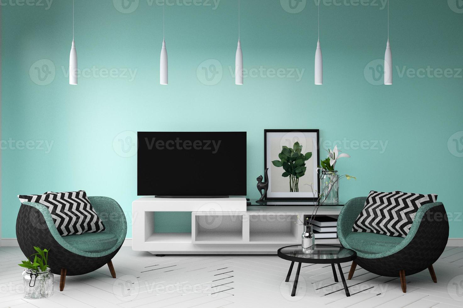 smart tv-mockup med rum med soffa och lampdekorationsbord. 3d-rendering foto
