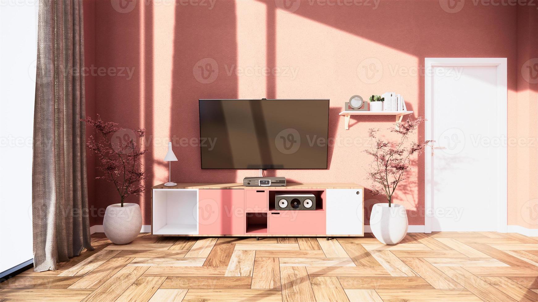 tv-skåp och visa japansk interiör av rosa sakura vardagsrum för redigering. 3d-rendering foto
