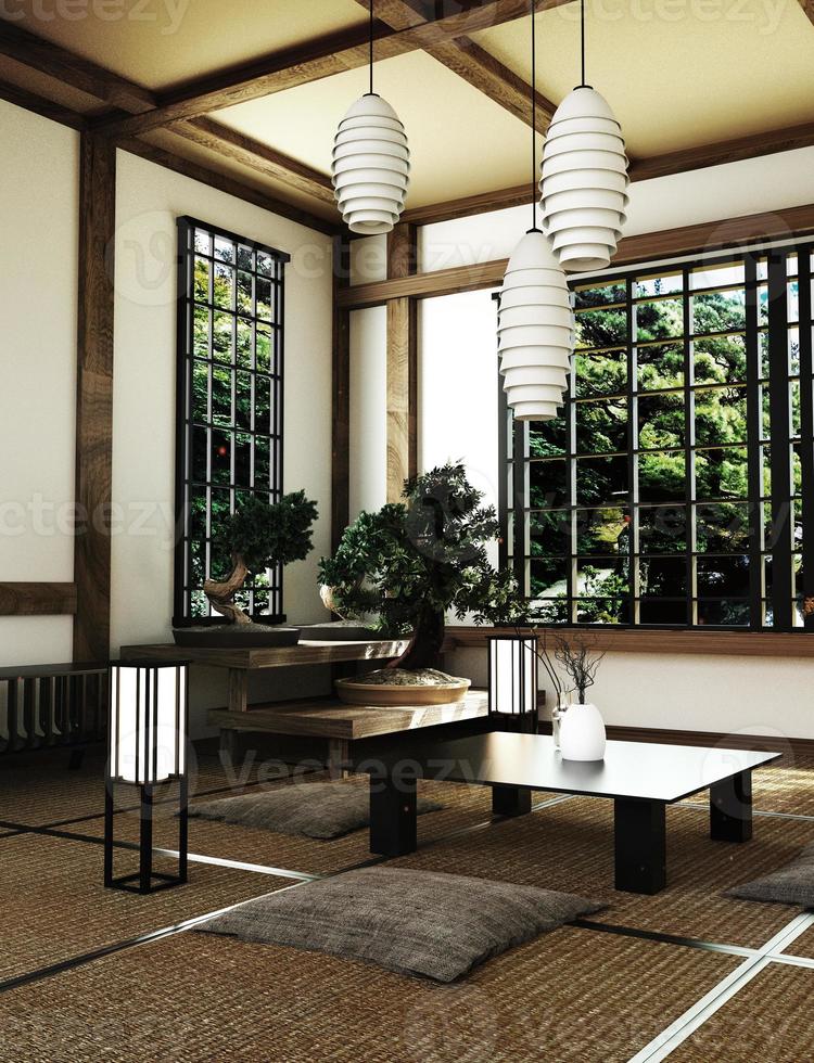 inredning vardagsrum med bord, tatamimatta golv. 3d-rendering foto