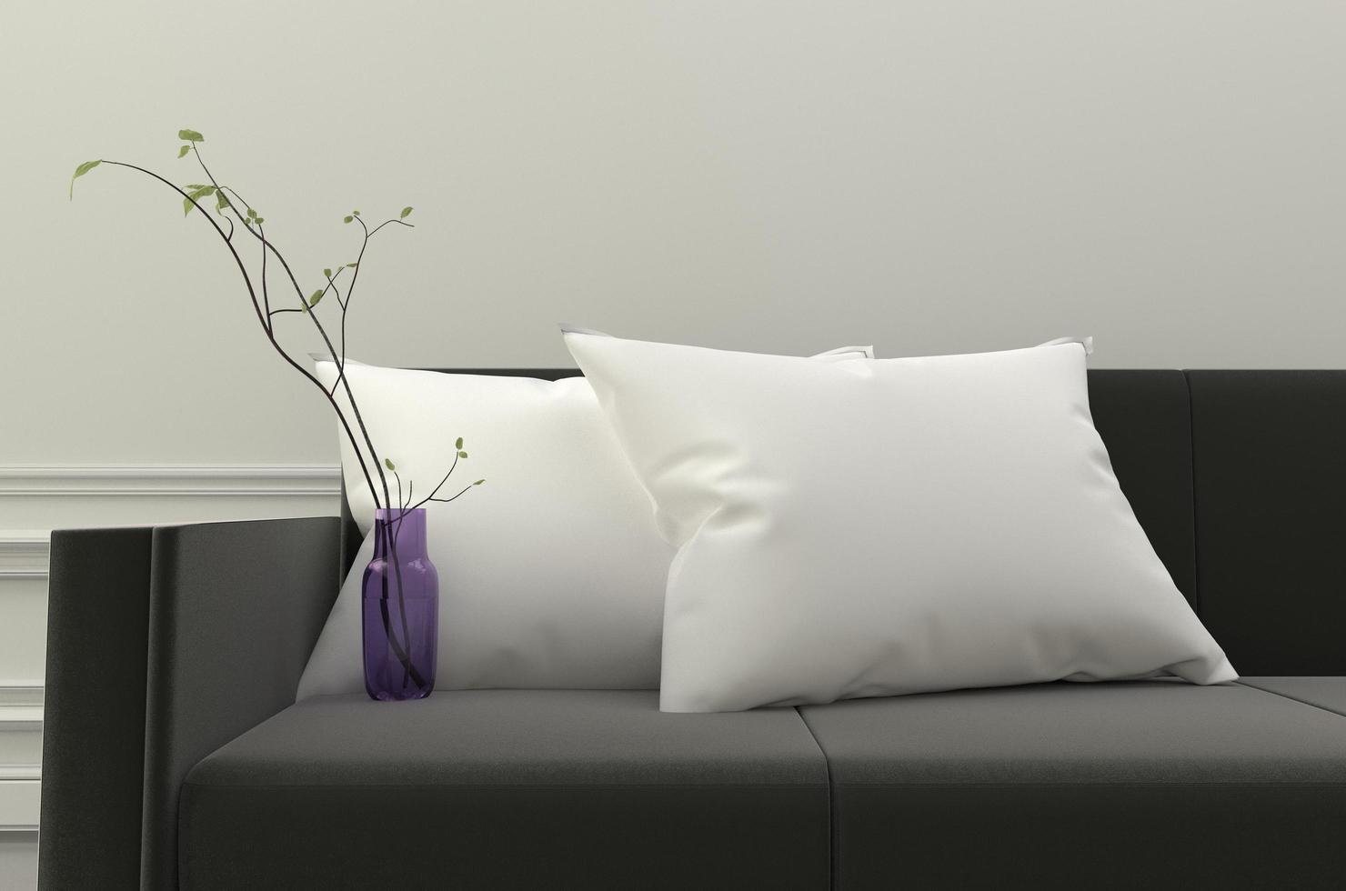 vita kuddar och växter på svart soffa. 3d-rendering foto