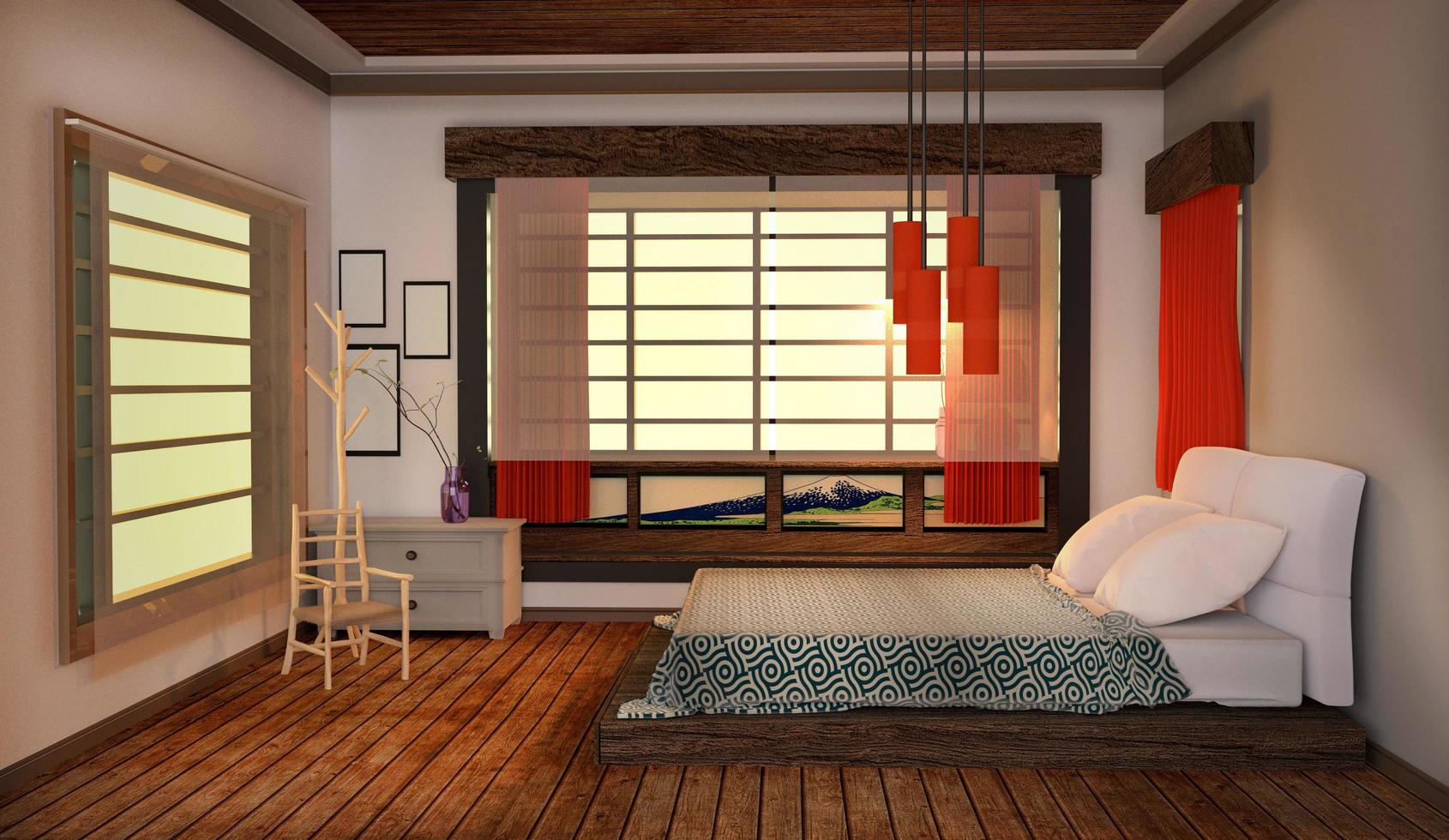 inne i sovrummet - japansk stil, trägolv på vit väggbakgrund. 3d-rendering foto