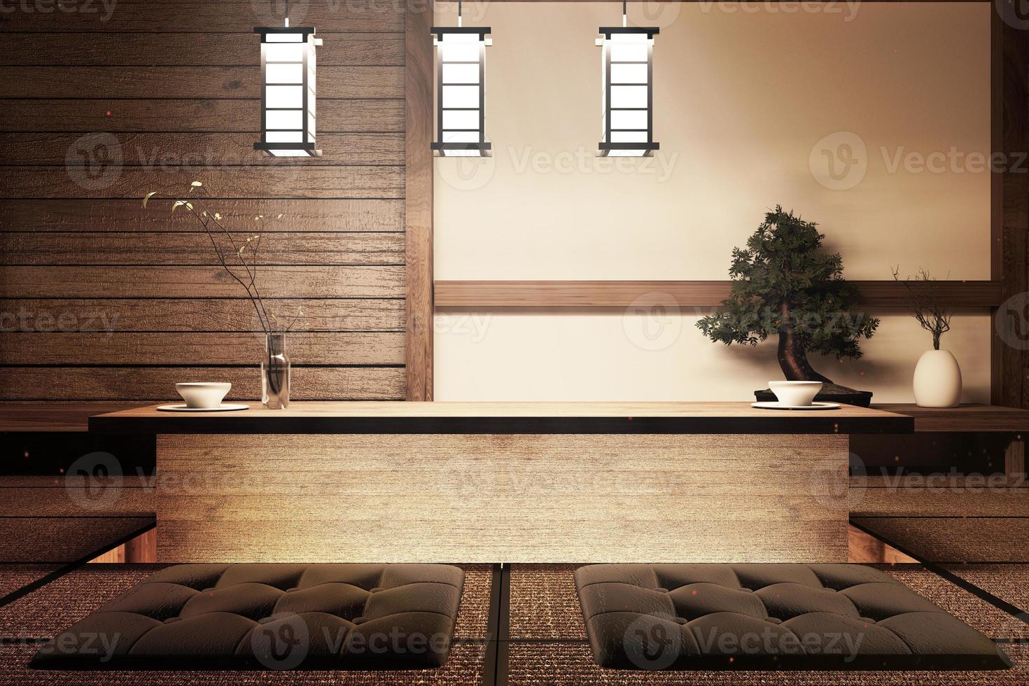 mock up - vardagsrum med lampa, träbordsdekoration och bonsaiträd. 3d-rendering foto