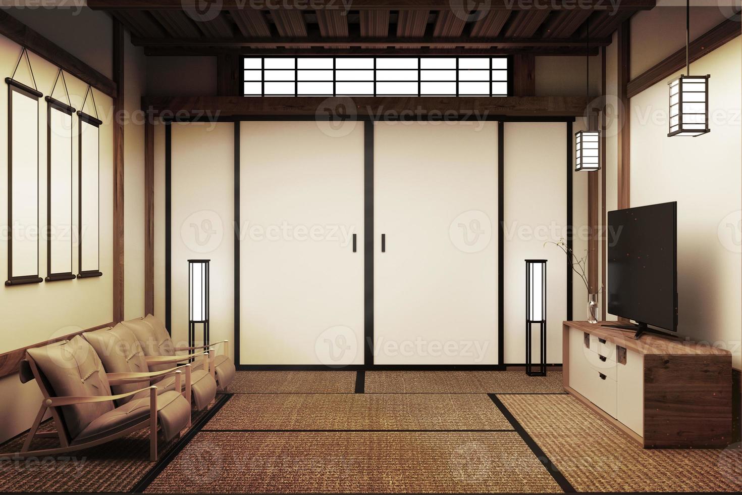 TV i modern vit tomrumsinredning, designad för älskare av japansk stil. 3d rödfärgning foto