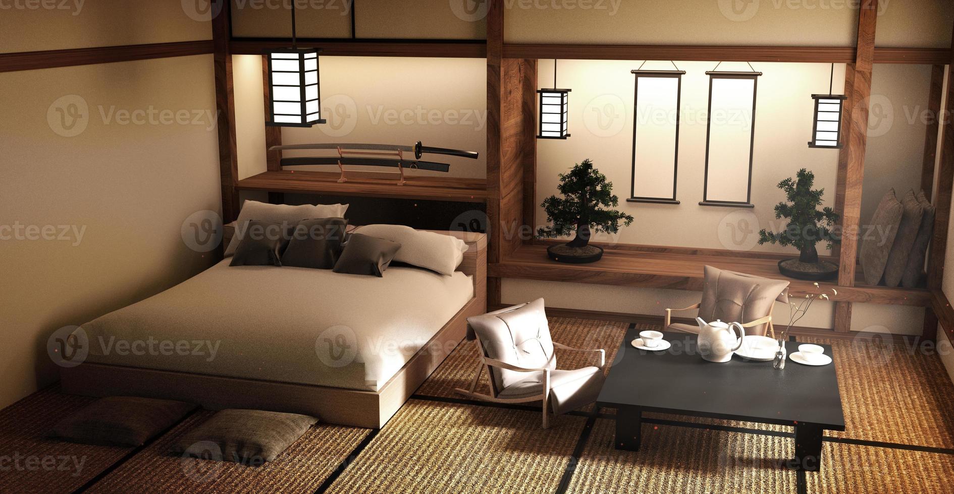 designad specifikt i japansk stil sovrum och dekoration japansk stil. 3d-rendering foto