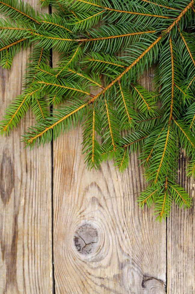 jul bakgrund, gran grenar på trä yta foto