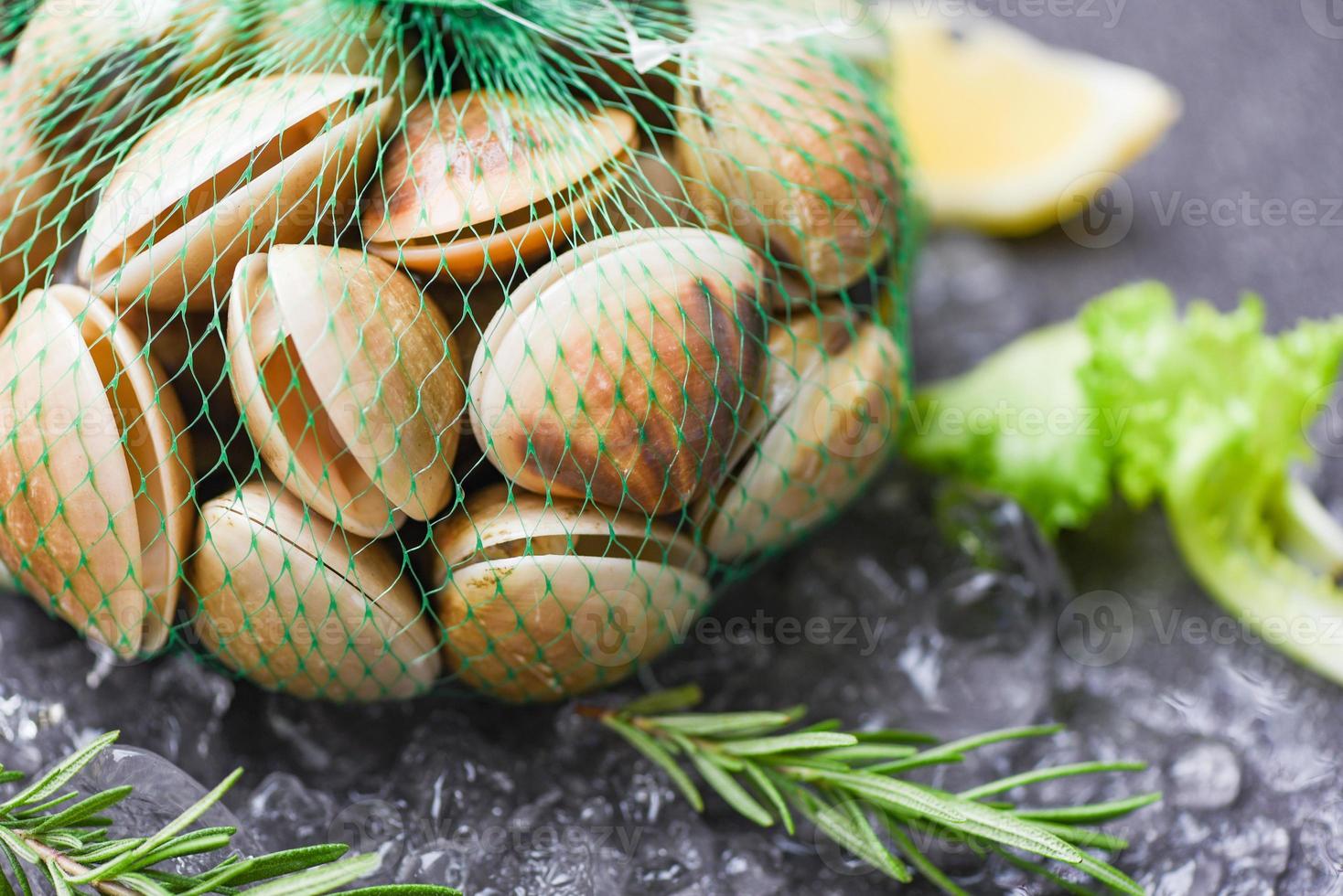 skaldjur på is fryst på restaurang färsk skalmussla med örtingredienser för sallad, emalj venusskal, saltvattensmusslor foto