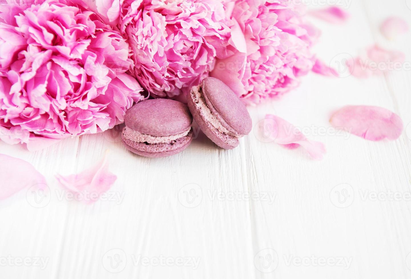 rosa pionblommor med macarons foto