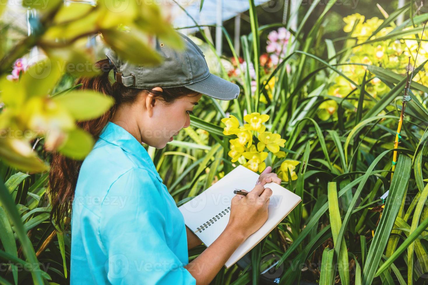 unga kvinnor skriver anteckning bland orkidé trädgård. färgglada orkidéer, orkidé blomma. foto