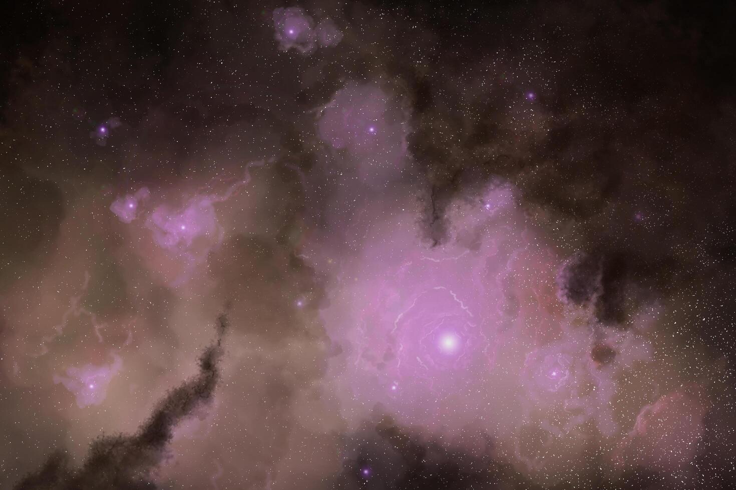 mörklila nebulosa rymdbakgrund och stjärnfält i rymden en flerfärgad puderexplosion av nebulosor på svart foto