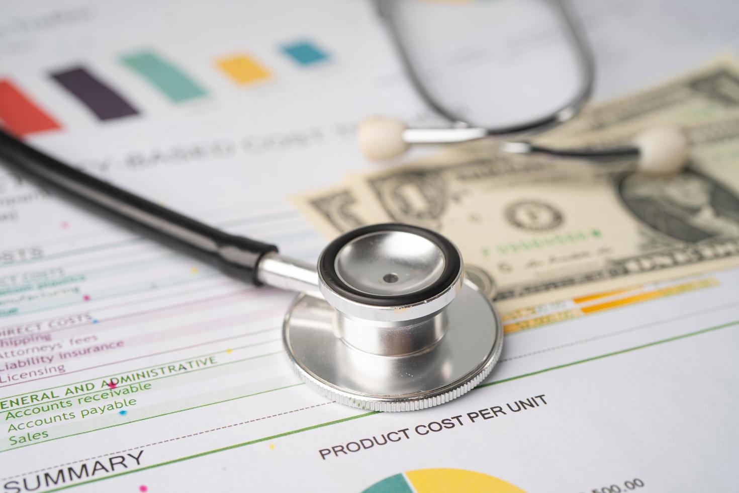 stetoskop och US-dollarsedlar på diagram- eller diagrampapper, finans-, konto-, statistik- och affärsdata medicinsk hälsokoncept. foto