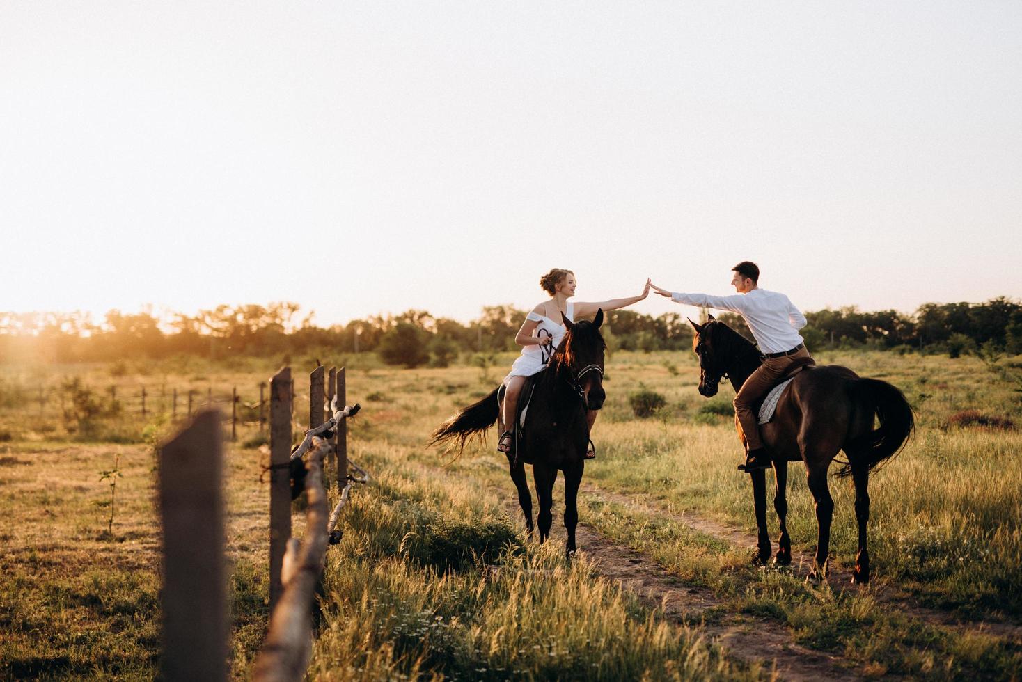 flicka i vit solklänning och en kille i vit skjorta på promenad med bruna hästar foto