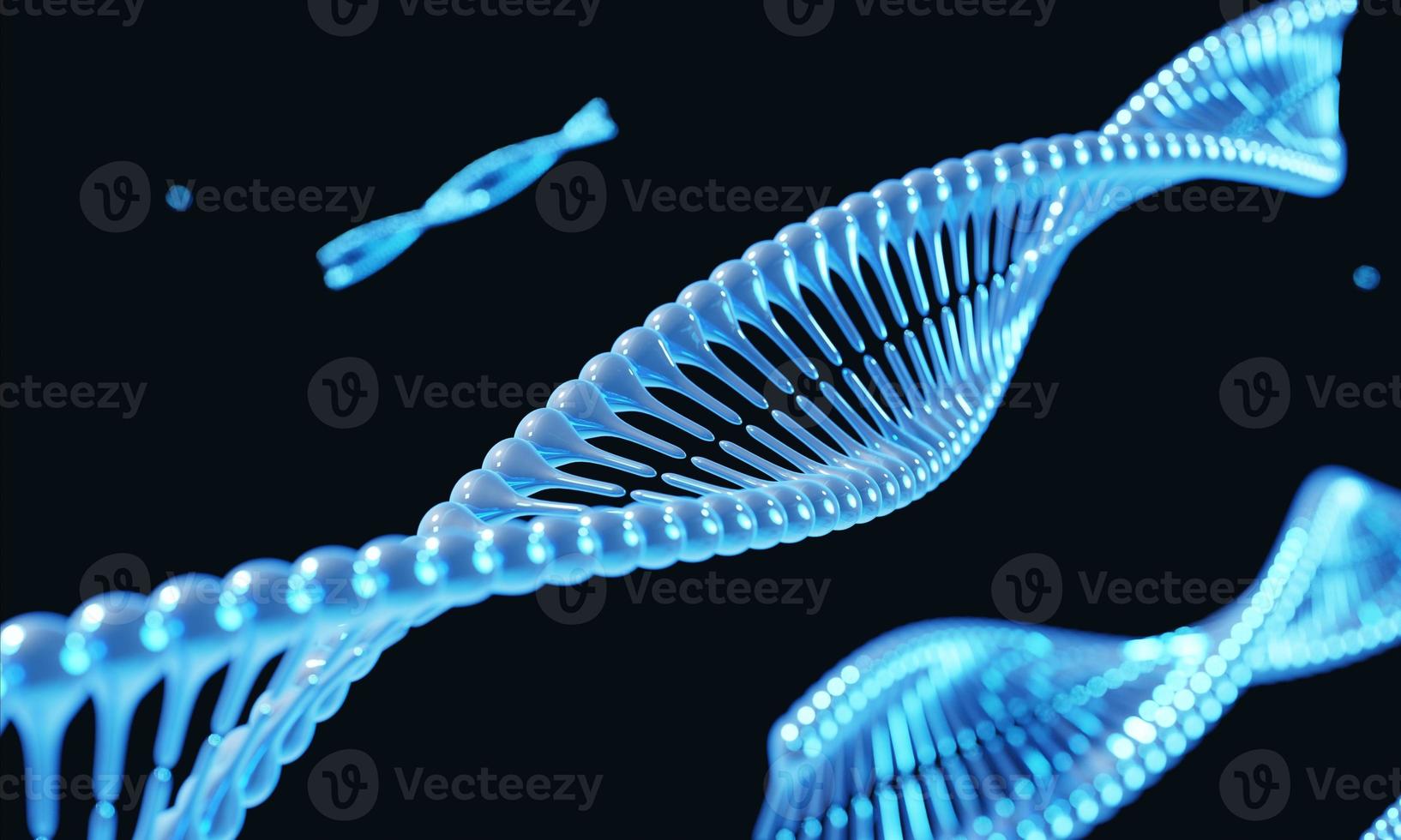 blå helix dna kromosom genetisk modifiering på svart bakgrund. vetenskap och medicinsk koncept. 3d illustration rendering foto