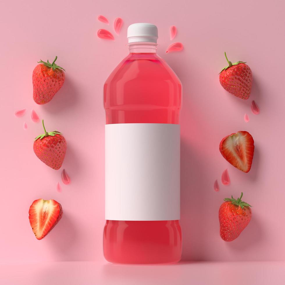 en flaska som används för att innehålla jordgubbssaft med jordgubbar. foto