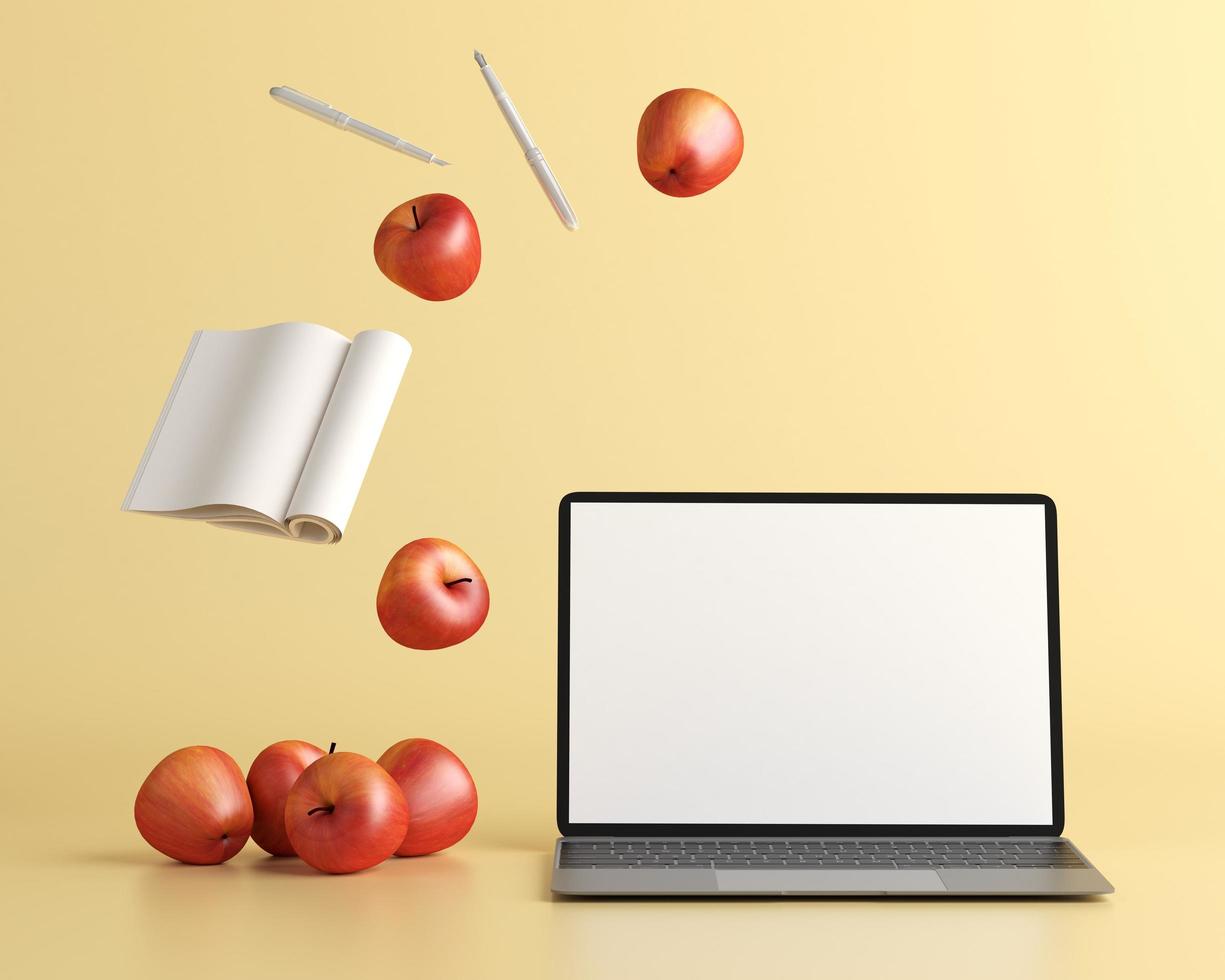 bärbar dator med äpple, penna och en bok på gul bakgrund, 3d-stil. foto