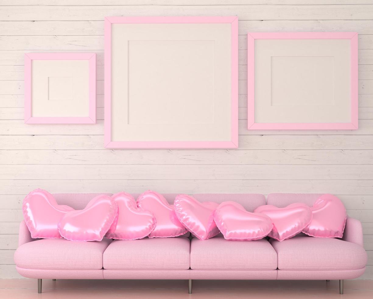 mock up av affischram i trägolv valentine koncept modern inredning bakom soffan i vardagsrummet med kärleksform ballong isolerad på ljus bakgrund, 3d rendering, 3d illustration foto