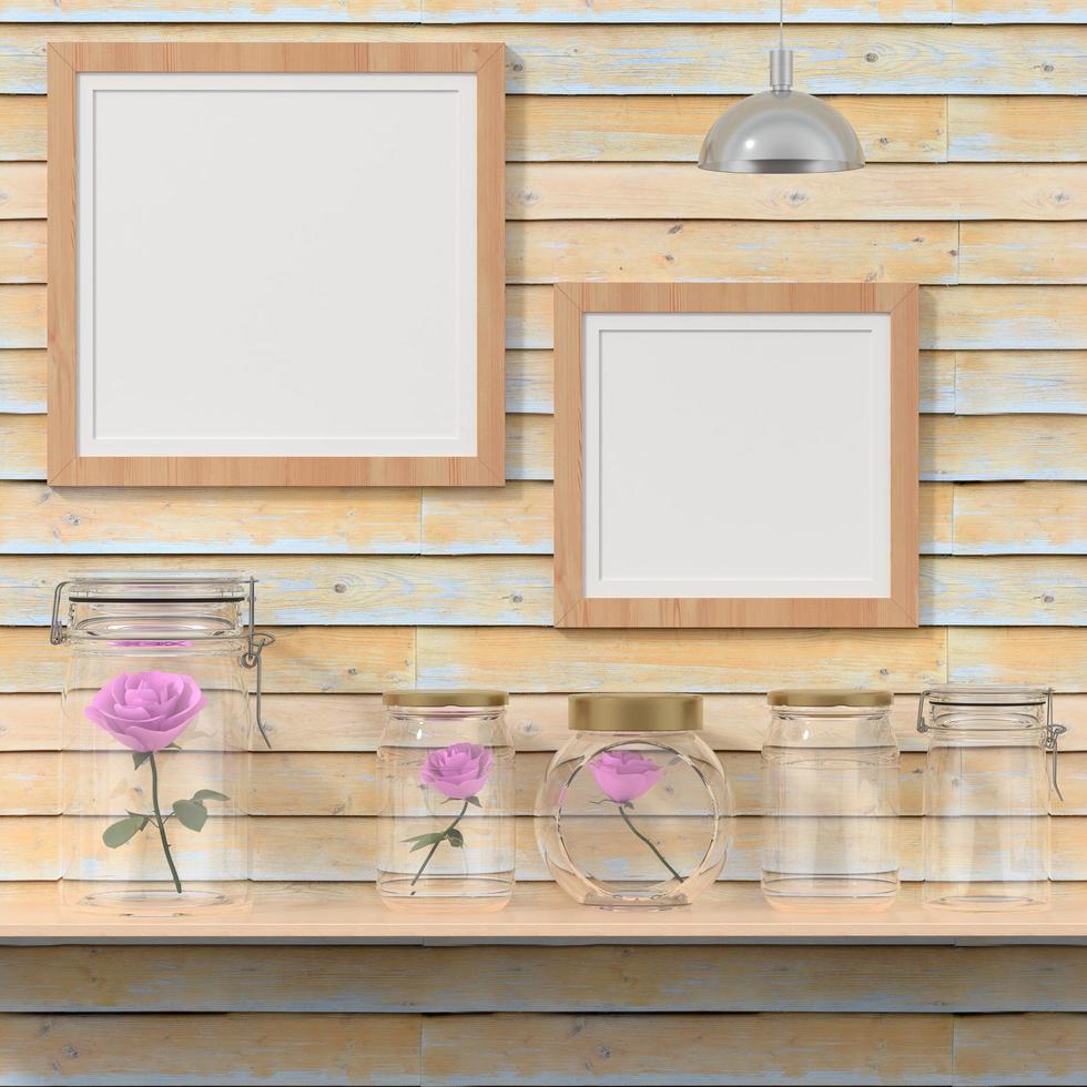 vardagsrum vägg fotoram med ros vas, 3d stil foto