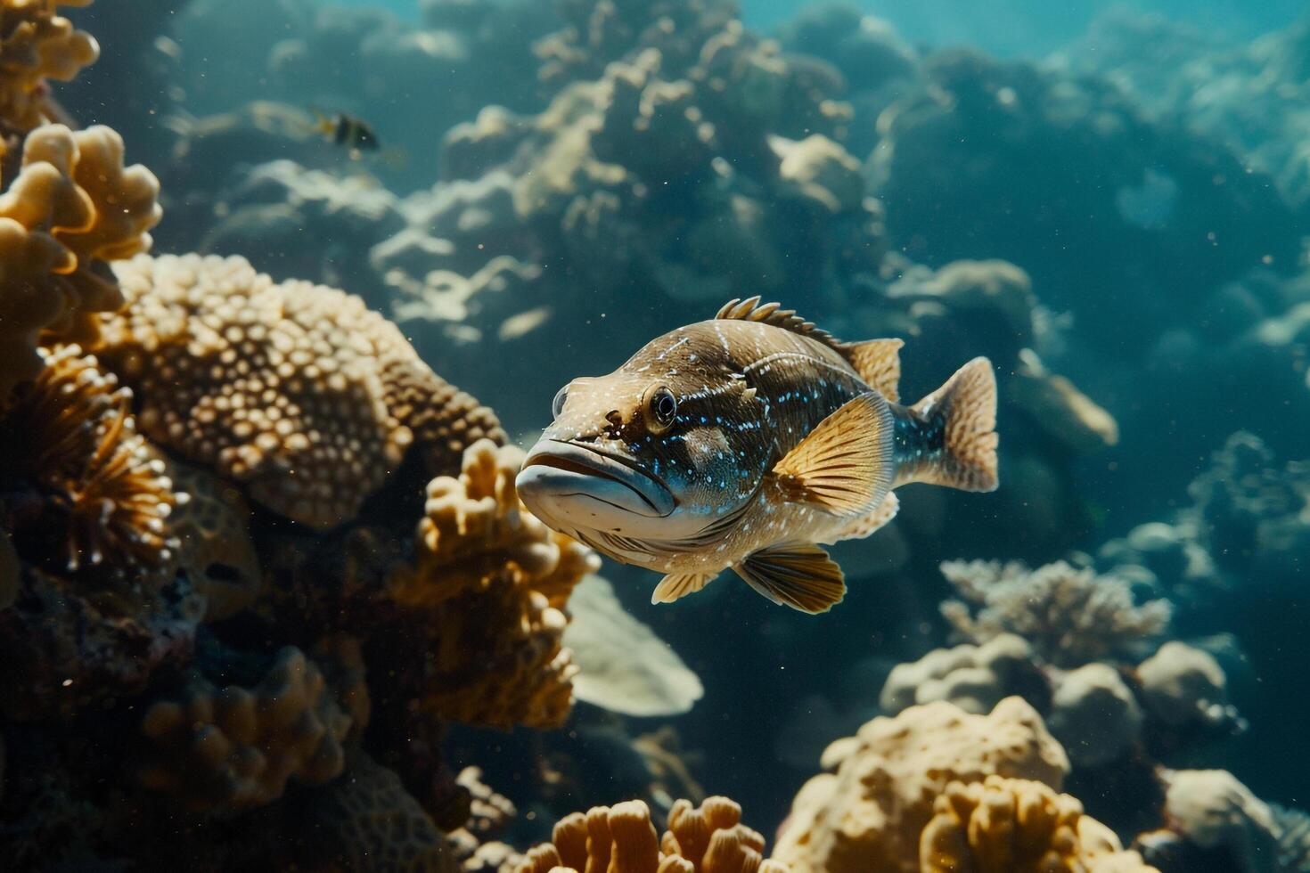 en fisk simning över en korall rev, bakgrund foto