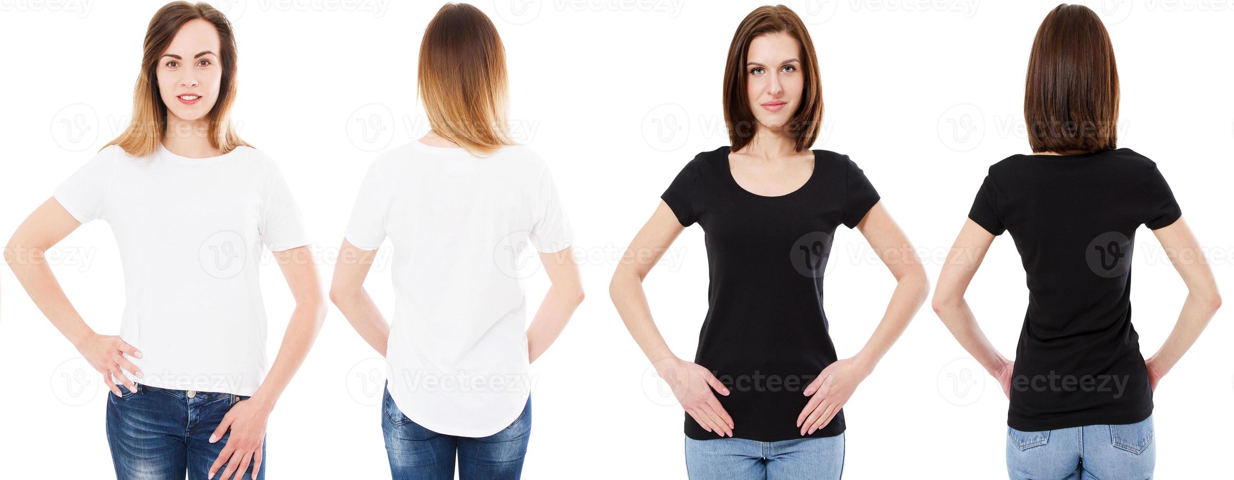 kvinna i vit t-shirt och brunett flicka i svart t-shirt isolerad på vit bakgrund framifrån och bakifrån, mockup, kopiera utrymme. foto