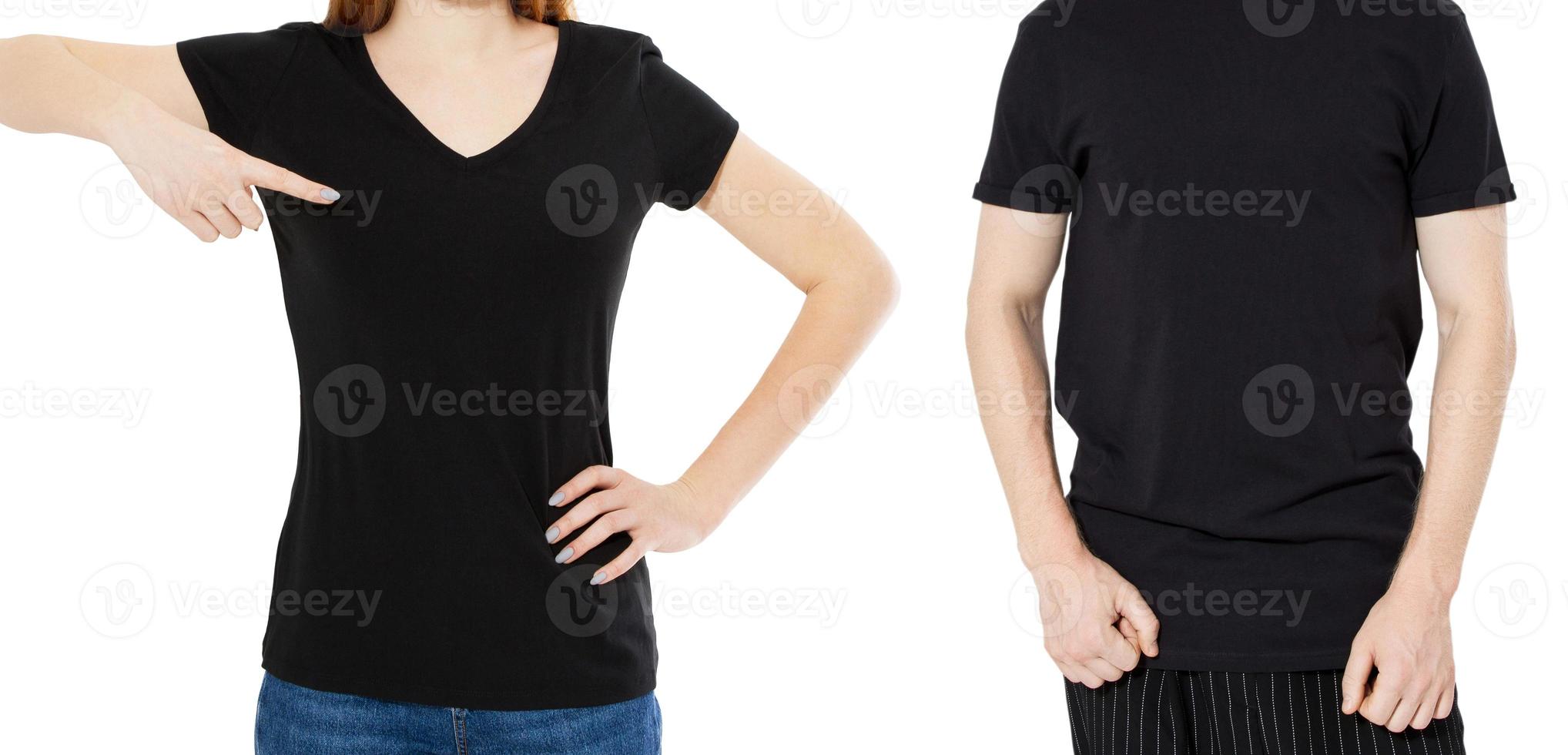 svart t-shirt närbild mock up bakgrund - framifrån av kille och tjej i tom svart pikétröja foto