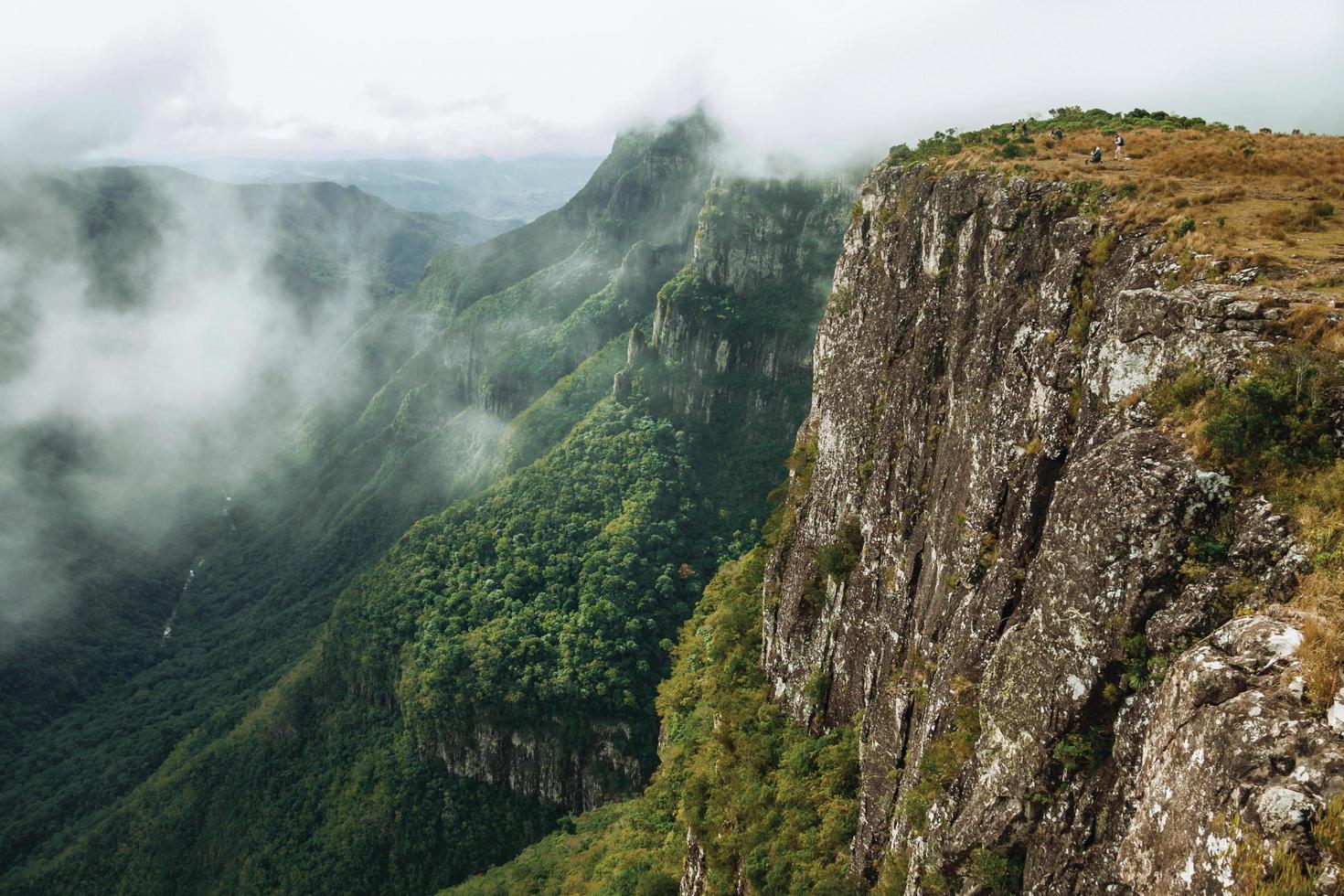 fortaleza kanjon med branta klippor täckta av tjock skog och dimma som kommer uppför ravinen nära cambara do sul. en liten lantstad i södra Brasilien med fantastiska naturliga turistattraktioner. foto