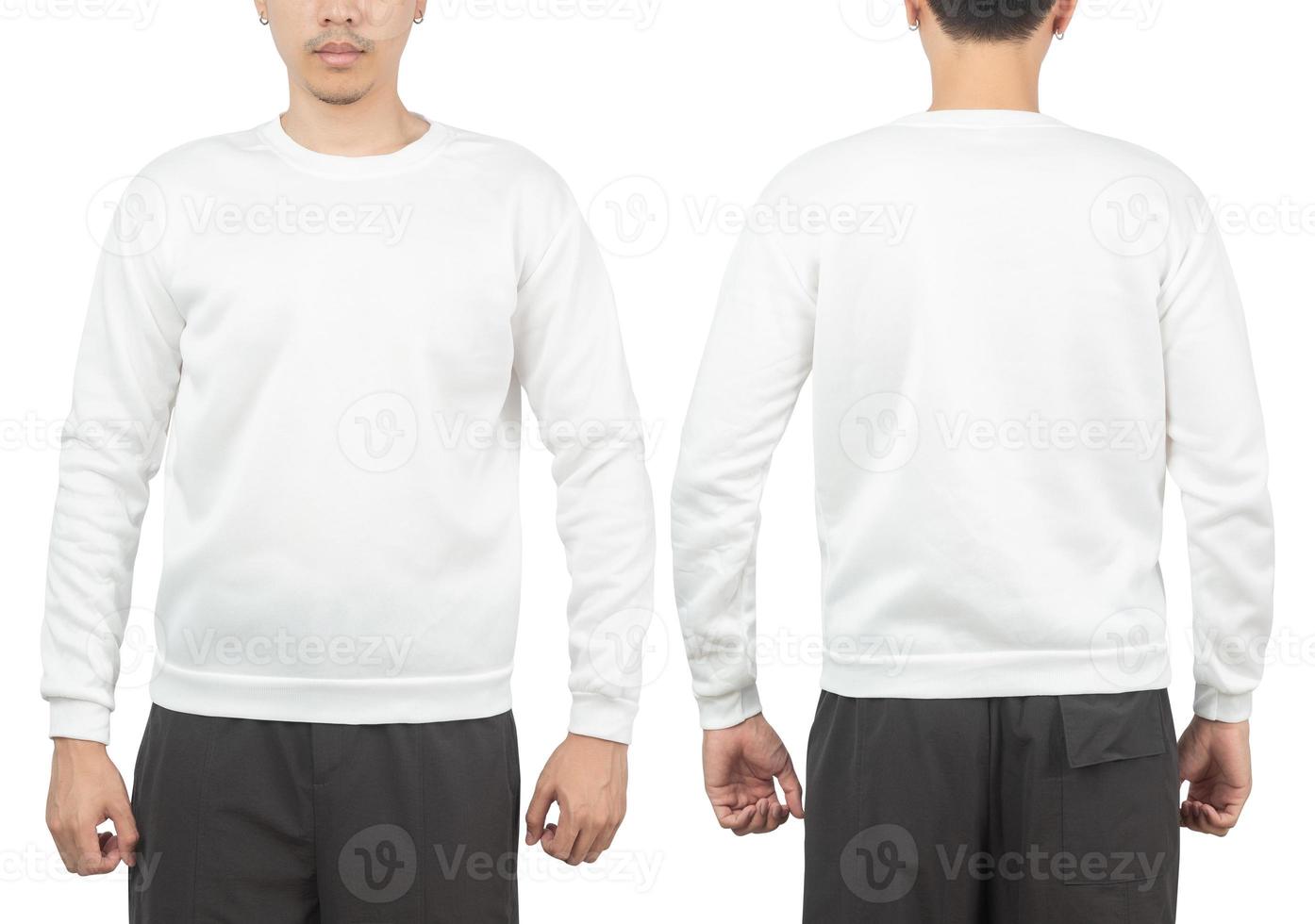 ung man i vit sweatshirt mockup fram och bak som används som designmall, isolerad på vit bakgrund med urklippsbana foto