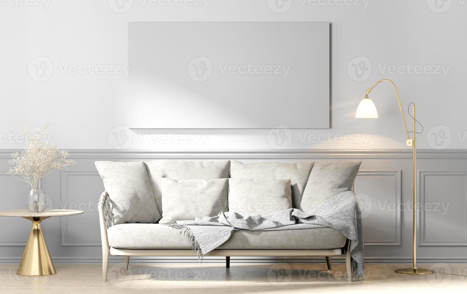 3d render canvas mockup i rum med träfåtölj och bord foto