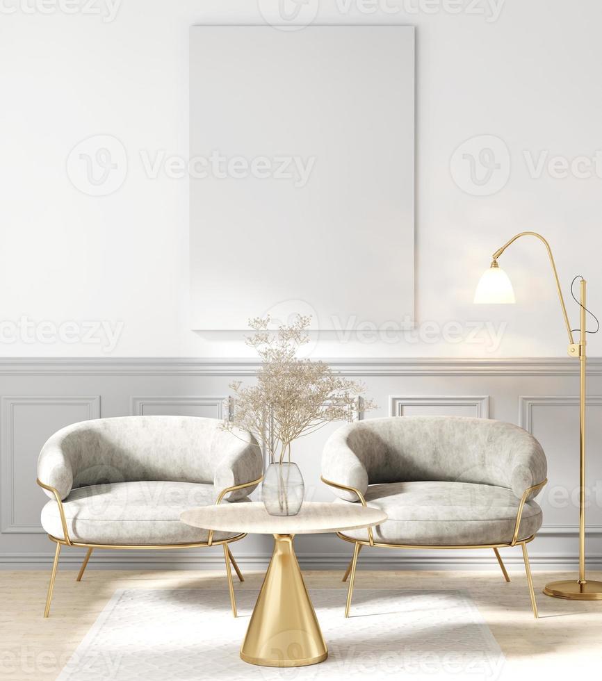 3d render canvas mockup i rum med guld fåtölj och bord foto