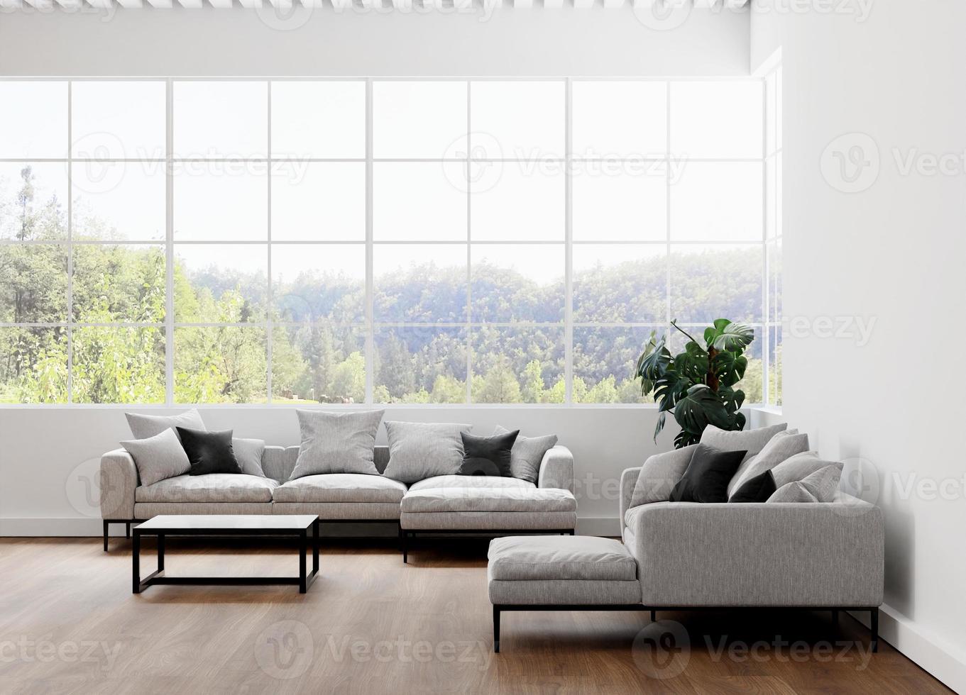 ren minimalistisk lägenhet med vit vägg och grå soffa 3d-rendering foto