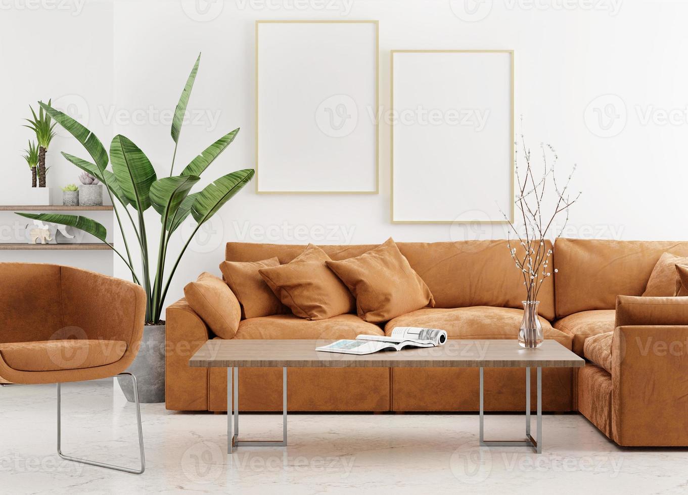 duk ram foto mockup i rent minimalistiskt rum med brun soffa och växt 3d rendering