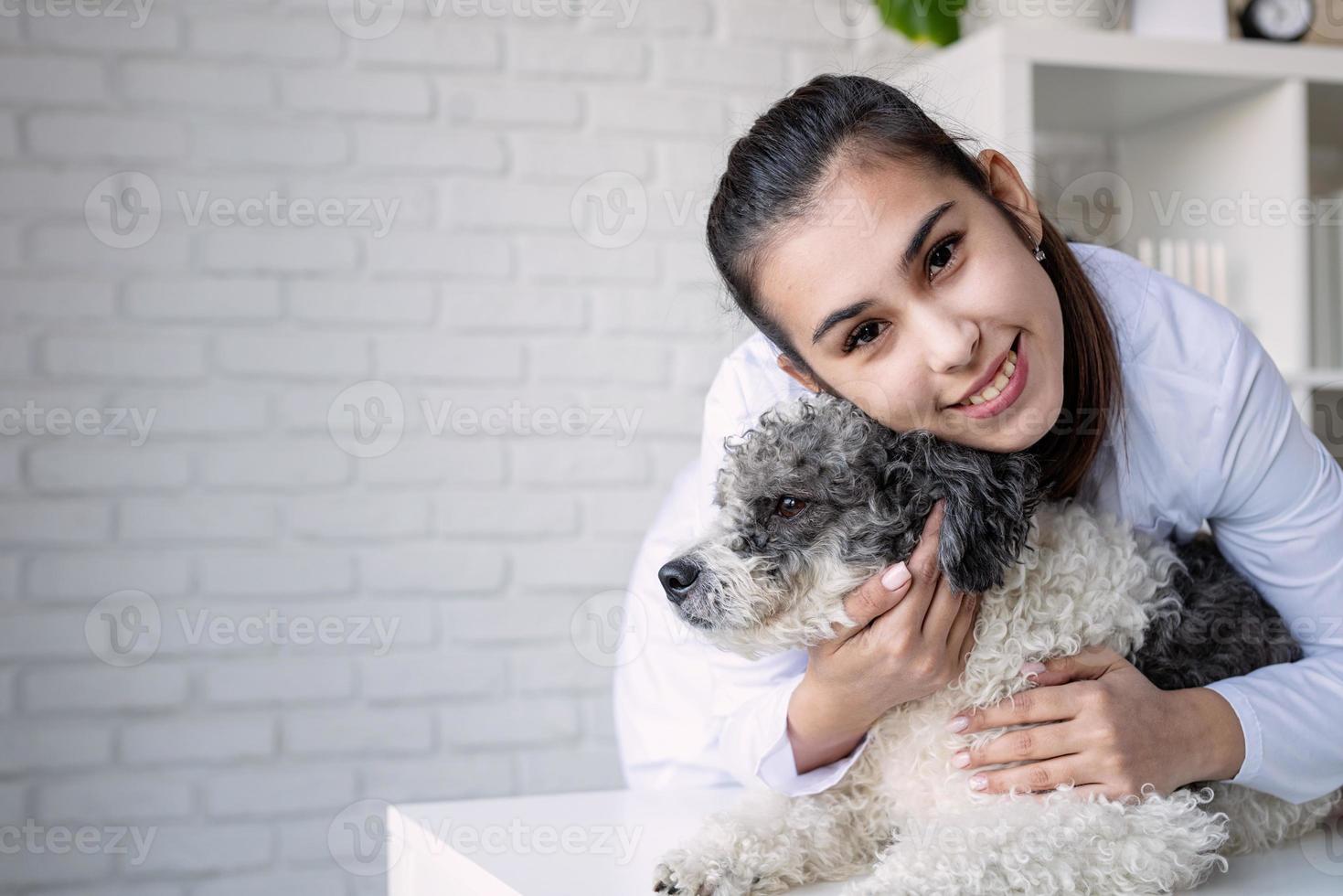 leende veterinär undersöker och omfamnar blandrashund foto