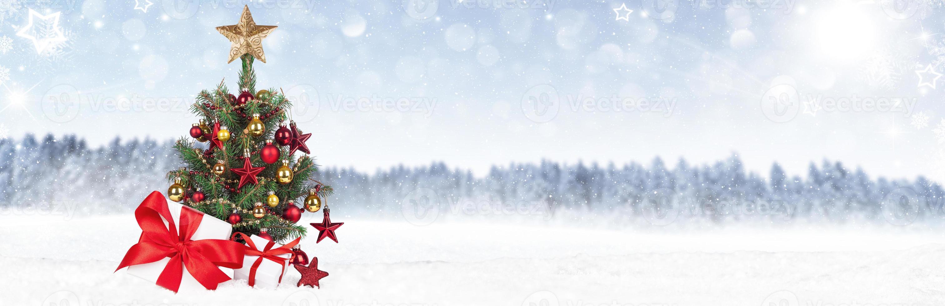 julgran med dekoration på en vinter bakgrund. foto