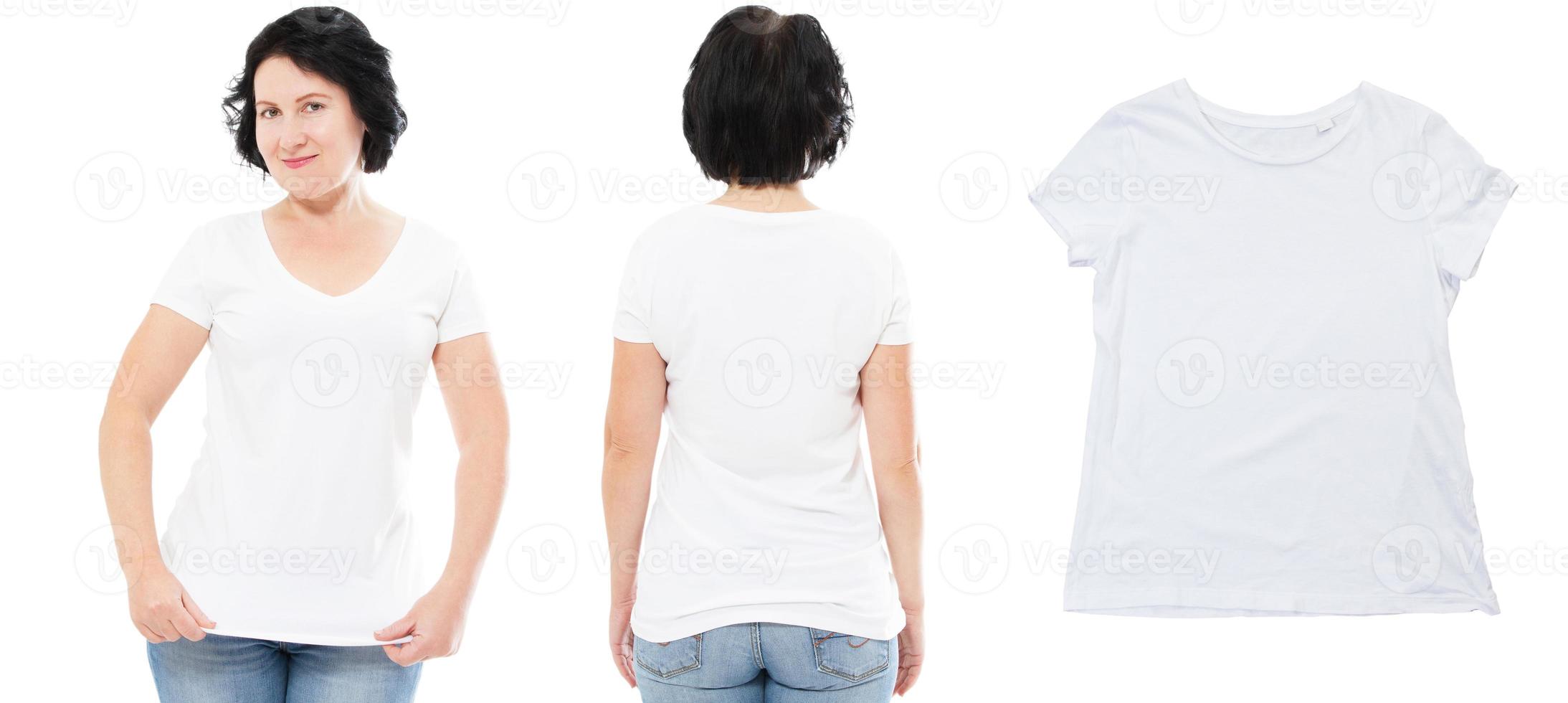 tshirt design och människor koncept - närbild av medelålders brunett kvinna i tom vit t-shirt, t-shirt, fram och bak isolerade. foto